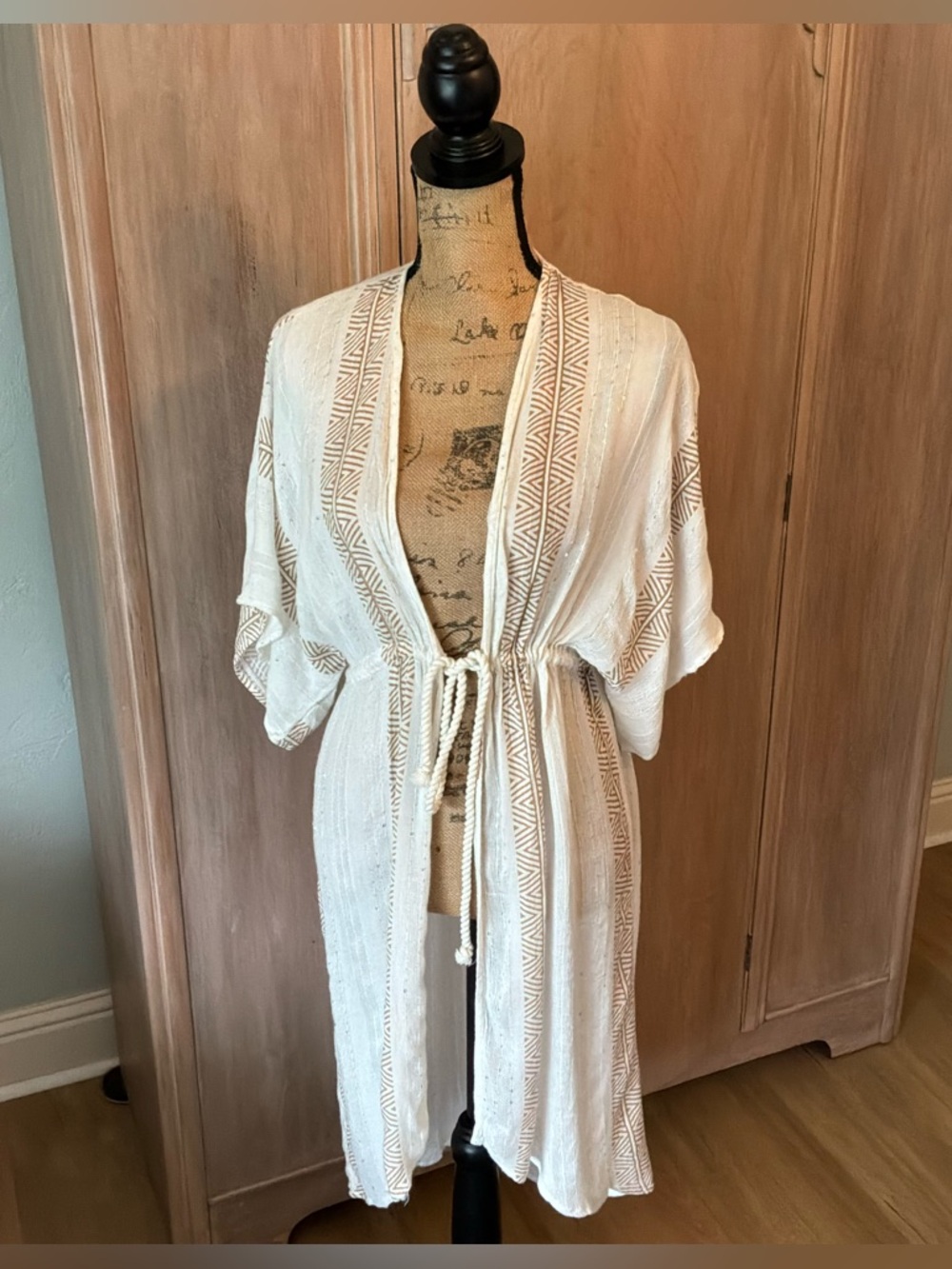 [Blue Island] white cream metallic Swim Cover Up Kimono tie waist size Large